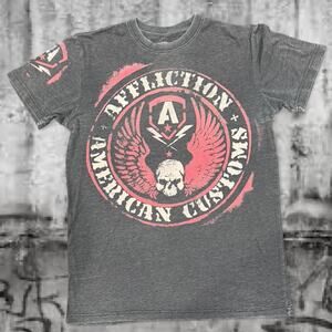 Affliction American Customs Skull Eagle Tee – Size M – Charcoal / Red Graphic